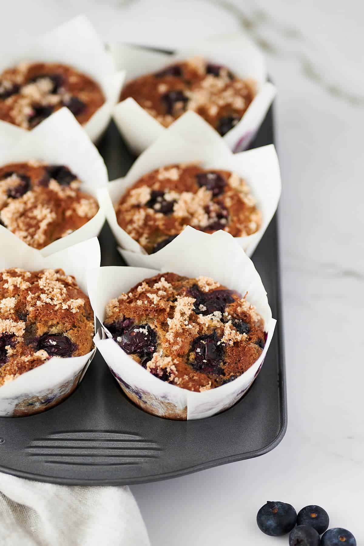 close up of baked blueberry muffins in muffin tin