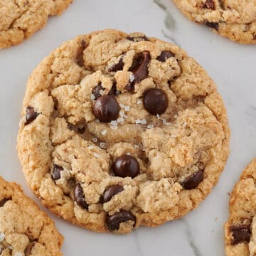 close up overhead shot of chocolate chip cookie