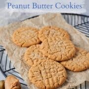 close up of a pile of gluten-free peanut butter cookies, with caption "gluten free, dairy free peanut butter cookies" and "bakeinbalance.com"