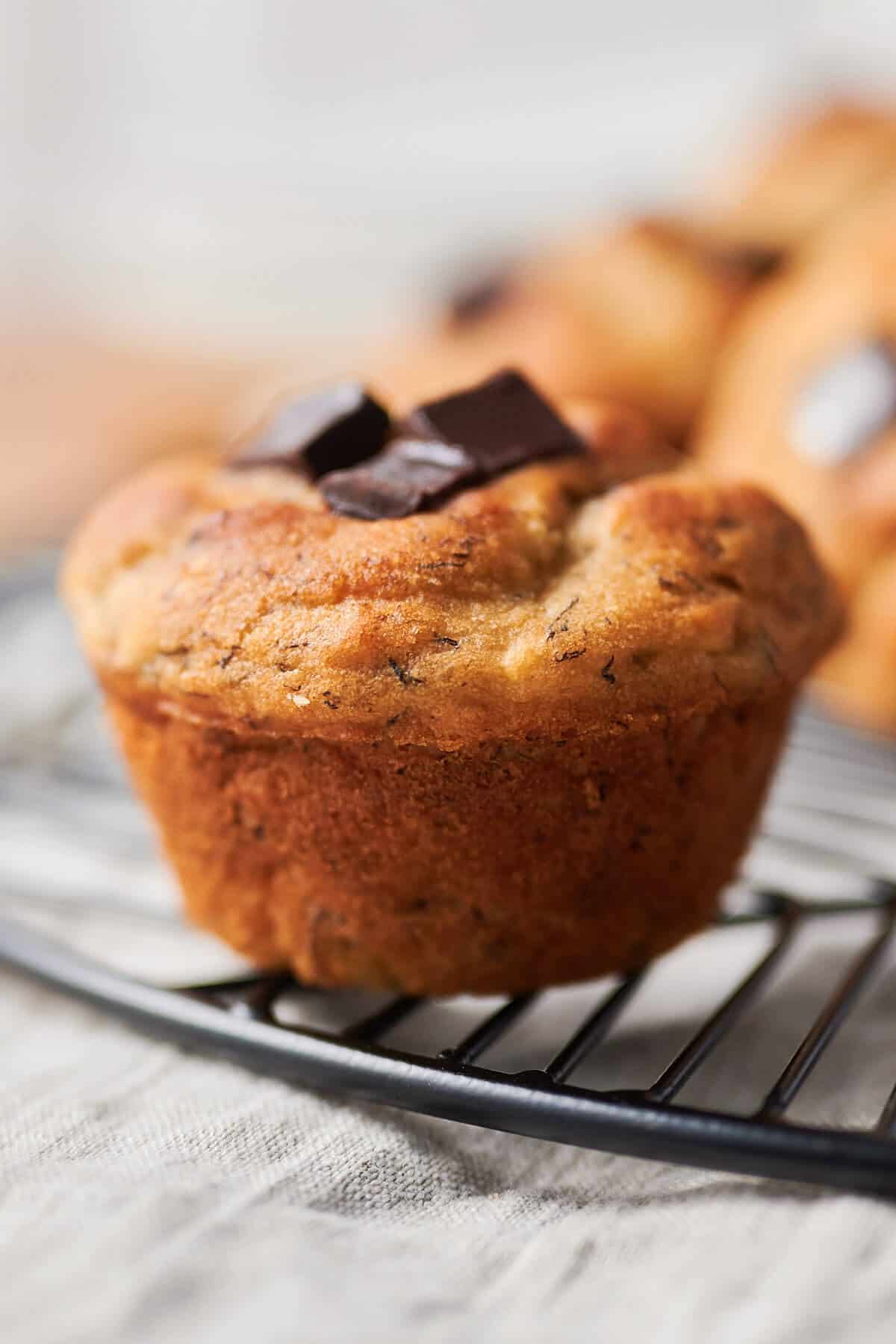 close up of a single gluten-free banana chocolate chunk muffin
