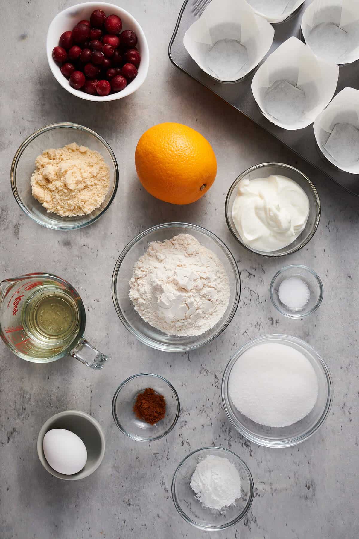 overhead view of ingredients needed to make gluten-free cranberry orange muffins