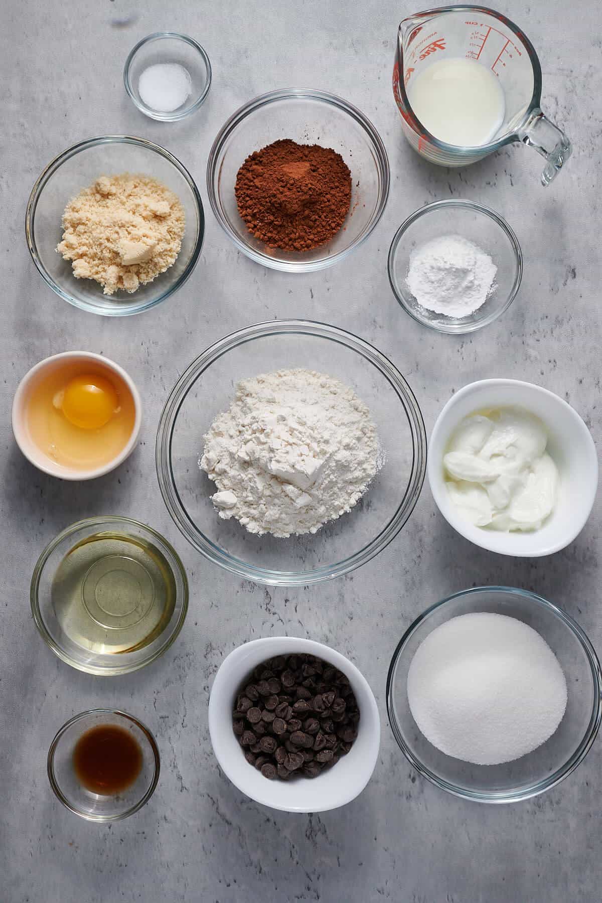 overhead shot of ingredients needed to make gluten free double chocolate muffins