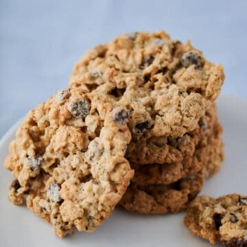 close up of a stack of gluten free oatmeal chocolate chip cookies